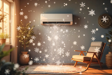 Air conditioner blows snowflakes into room. Home climate control concept. Cold wind flow. Front view.