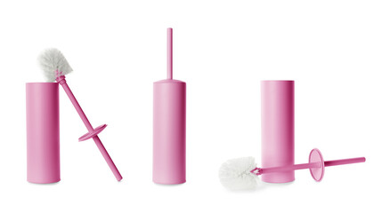 Naklejka premium Toilet brush with color holder on white background, collage