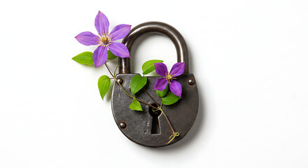 Padlock with flower growing through keyhole on white background