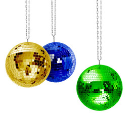Different shiny disco balls on white background