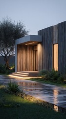 Fototapeta premium Modern House Entrance with Wood and Concrete Facade at Dusk