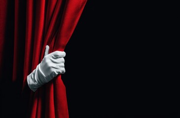 Red curtain opens with white glove hand
