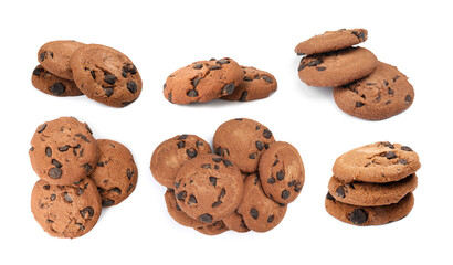 Yummy chocolate chip cookies isolated on white, collage