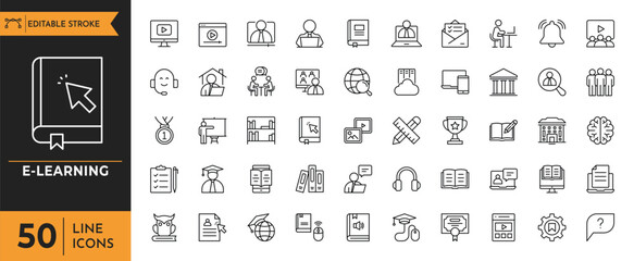 E-learning line icon set. Containing e-learning, online course, audio course, educational website, digital education, and more. Editable stroke. Vector illustration