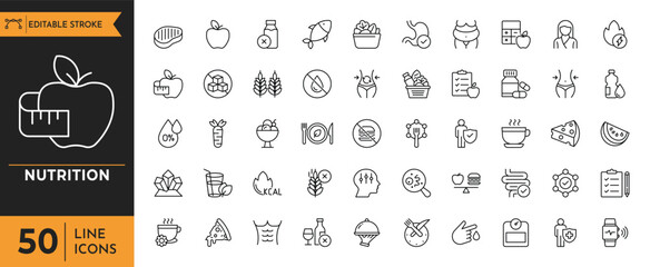 Nutrition line icon set. Containing food, vegetables, water, meal planning, fruits, dietary fiber, protein, vitamins, and more. Vector illustration.