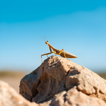 a praying mantissa sitting on top of a rock in the middle of the day with a blue sky in the background.
