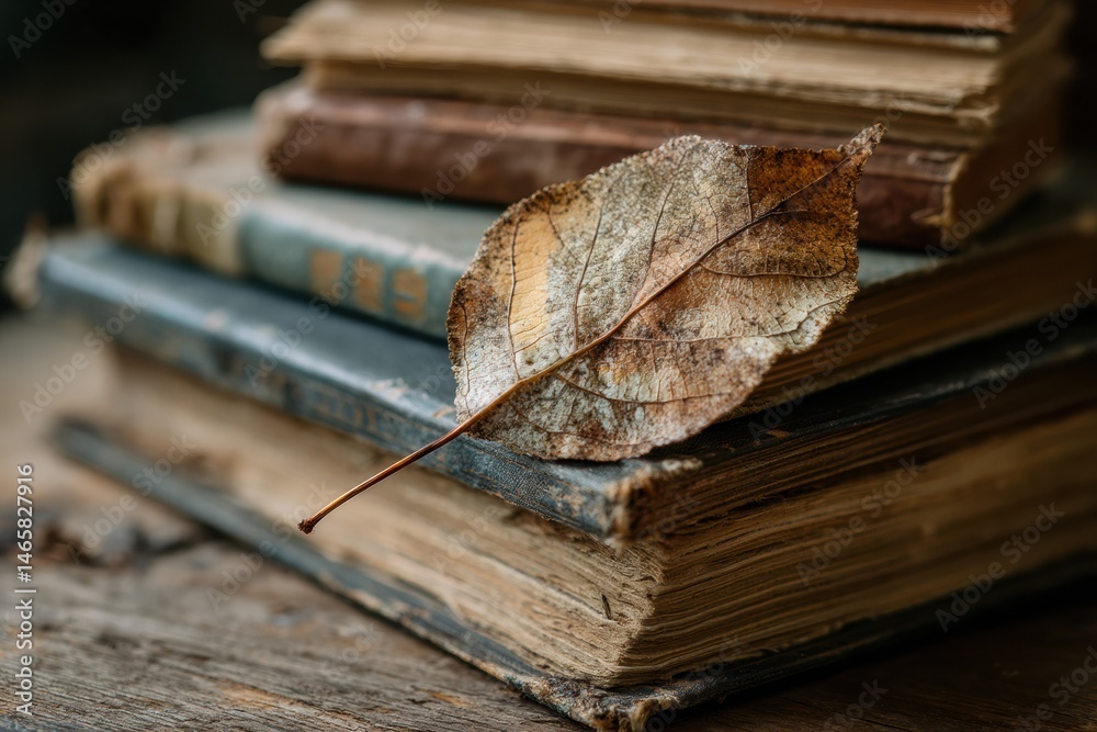 Poster books stacked with a dried leaf bookmark capturing a cozy reading moment in a quiet library setting 