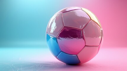Naklejka premium Vibrant Shiny Soccer Ball with Glossy Finish on Pink and Blue Gradient Studio Background