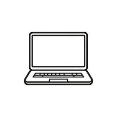 A simplistic open laptop line drawing presented against a white transparent background