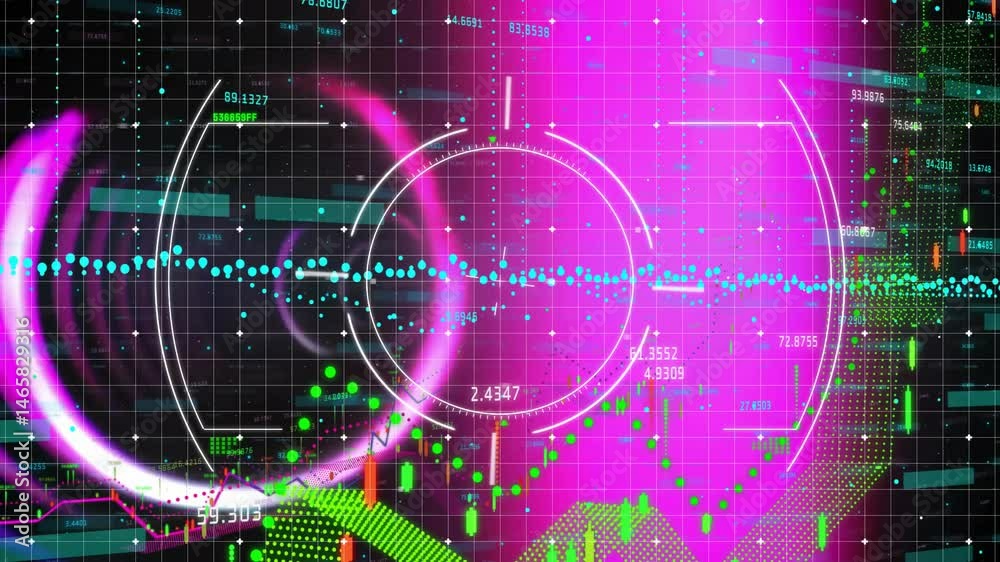 Poster white circular hud animating on grid in 3d render style, showing cyan scatter and candlestick bars