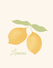 Vertical poster with lemons and leaves. Contemporary watercolor print with hand drawn citrus fruit. Dolce vita aesthetic. Italian summer vacation. Vector illustration