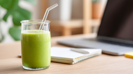 Refreshing green smoothie with laptop and notes for a healthy workspace