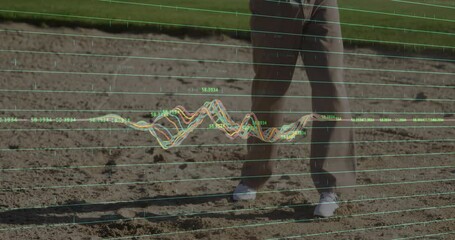 Golfer standing in bunker, analyzing golf analytics overlay with teal grid lines and line chart - Powered by Adobe