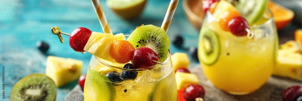 Aufkleber Refreshing Tropical Drink With Paper Straw and Colorful Fruit Skewers Enjoyed in a Sunny Setting Generative AI