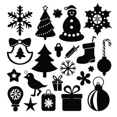 A collection of black silhouette Christmas icons and symbols