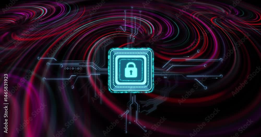 Poster cyan microchip square being animated amid swirling data trails with padlock and circuit traces