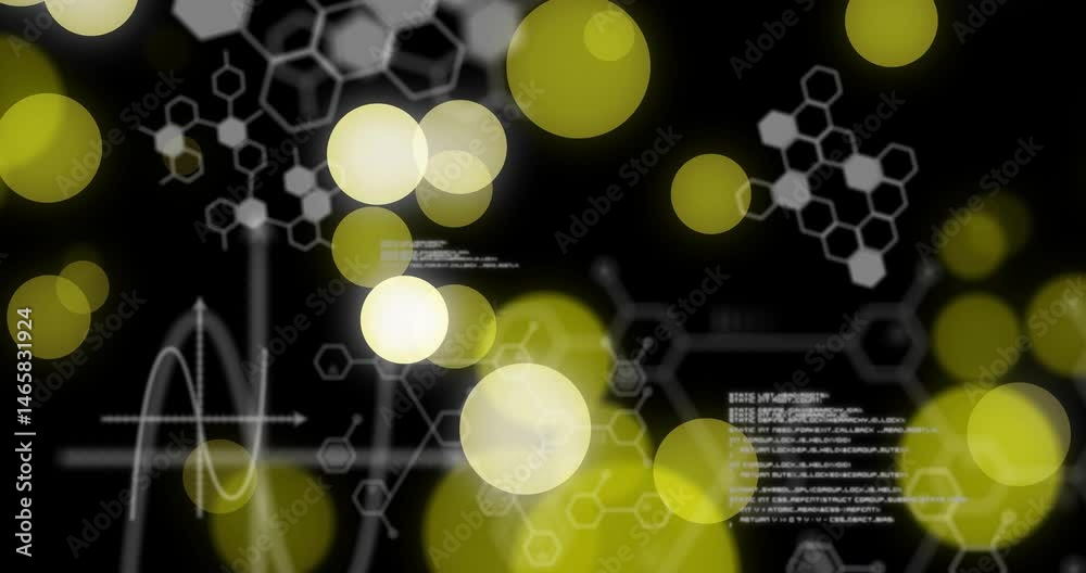 Poster animated illustration showing yellow bokeh circles pulsing over hexagon network and graph lines