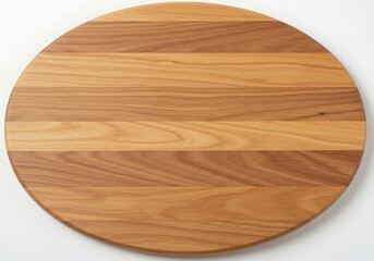 A top view of a round wooden cutting board with visible wood grain on a white background surface