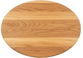 A top down view of an oval shaped wooden cutting board with a light brown color and visible grain pattern