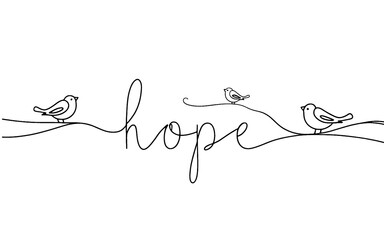 birds on a branch. hand drawn sketch of HOPE. Continuous lines cursive script hope text. Vector faith illustration of letters for poster, card,  wedding . Hand drawn word about faith