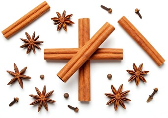 A flat lay of cinnamon sticks, star anise, and cloves on a white background in a studio setting