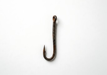 A single rusty fishing hook isolated on a white background in a studio with soft lighting setup