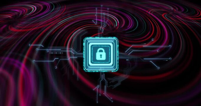 Cyan microchip square being animated amid swirling data trails with padlock and circuit traces