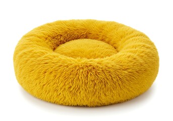 A fluffy yellow pet bed isolated on a white background with a round shape and soft looking material
