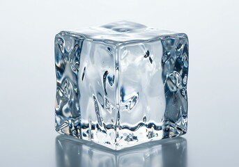 A single clear ice cube sitting on a reflective surface in a studio setting with soft lighting