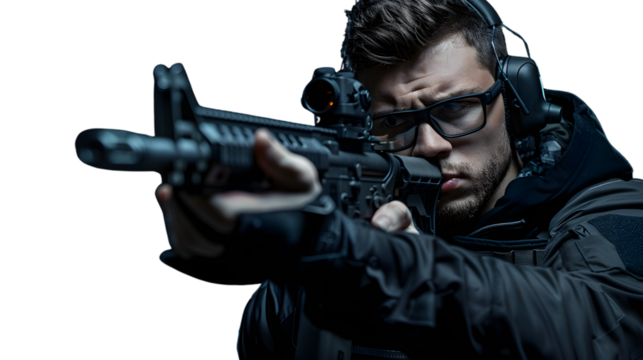 Professional Young Man in Protective Gear Shooting Rifle Outdoors
