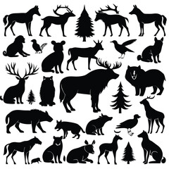 Generate a diverse collection of black silhouette icons representing various wild mammals, including bears, wolves, deer, and bison.