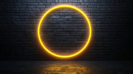 Yellow Neon Circle Against Brick Wall