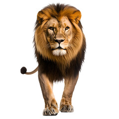 Obraz premium Majestic lion walking front view isolated on black background png