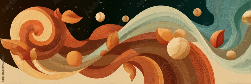 Poster Stylized Cereal Box Illustration Featuring Swirling Patterns and Celestial Elements in a Whimsical Design Generative AI