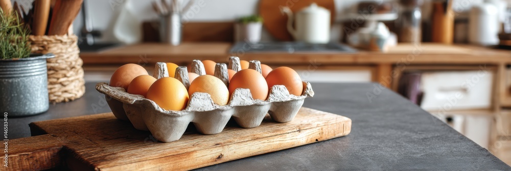 Poster bright morning kitchen table with fresh eggs on a cutting board in a cozy setting generative ai