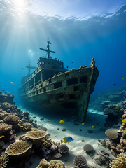 Underwater view of an sunken ship on seabed with fish swimming around