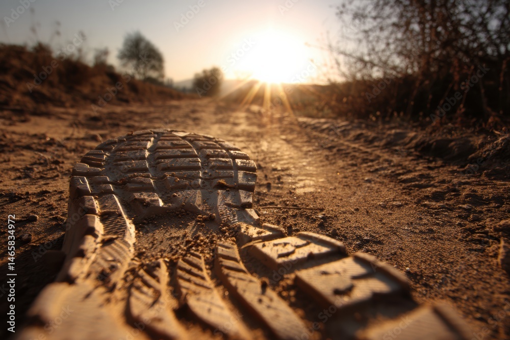 Aufkleber trail shoe print marks a dusty path under the warm sun during evening hours on a peaceful outdoor ad