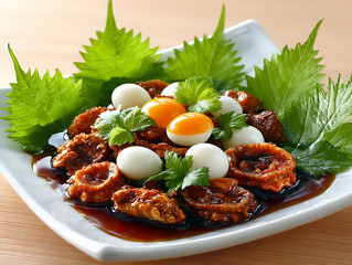 a close-up food photograph showcases a japanese dish served on a white rectangular plate placed on a light wooden surface. the dish features chicken, daikon radish