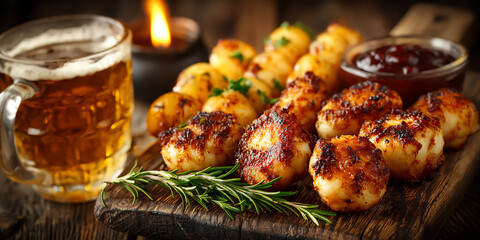 a close-up food photograph of delicious japanese izakaya appetizers served with a glass of beer on a dark wooden counter.