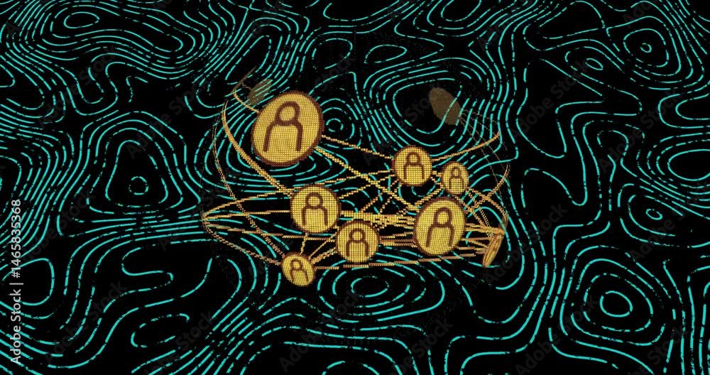 Poster 3d render showing golden user-icon nodes linked in sphere by thin lines amid turquoise contours