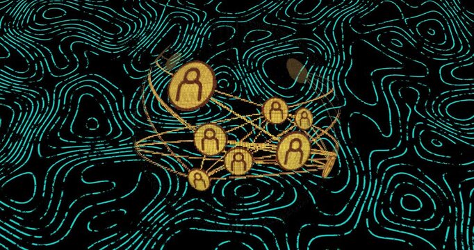 3D render showing golden user-icon nodes linked in sphere by thin lines amid turquoise contours