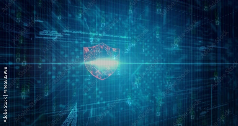 Poster digital shield icon glowing at center of network grid, with floating binary digits and light beam