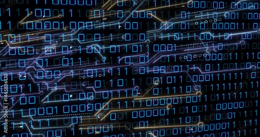 Poster Abstract digital circuitry animating over interface, displaying glowing binary code and neon paths