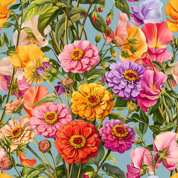 Seamless vector pattern with colorful sweet pea and zinnia flowers isolated on a changeable background. Vintage painting style illustration.