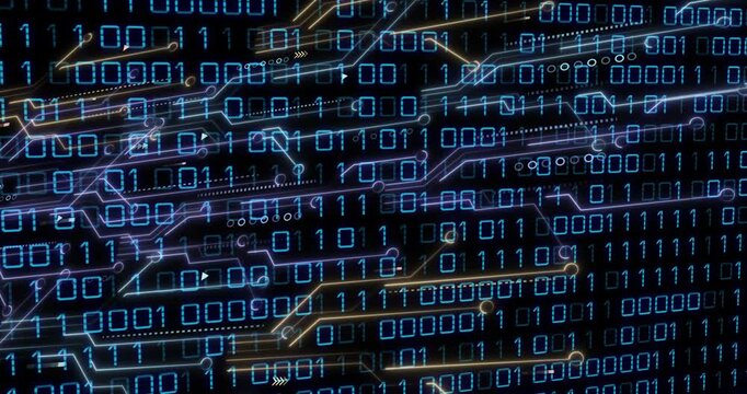 Abstract digital circuitry animating over interface, displaying glowing binary code and neon paths