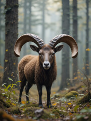Obraz premium Mouflon Male (Ovis musimon) with big curvy horns in the German forest.
