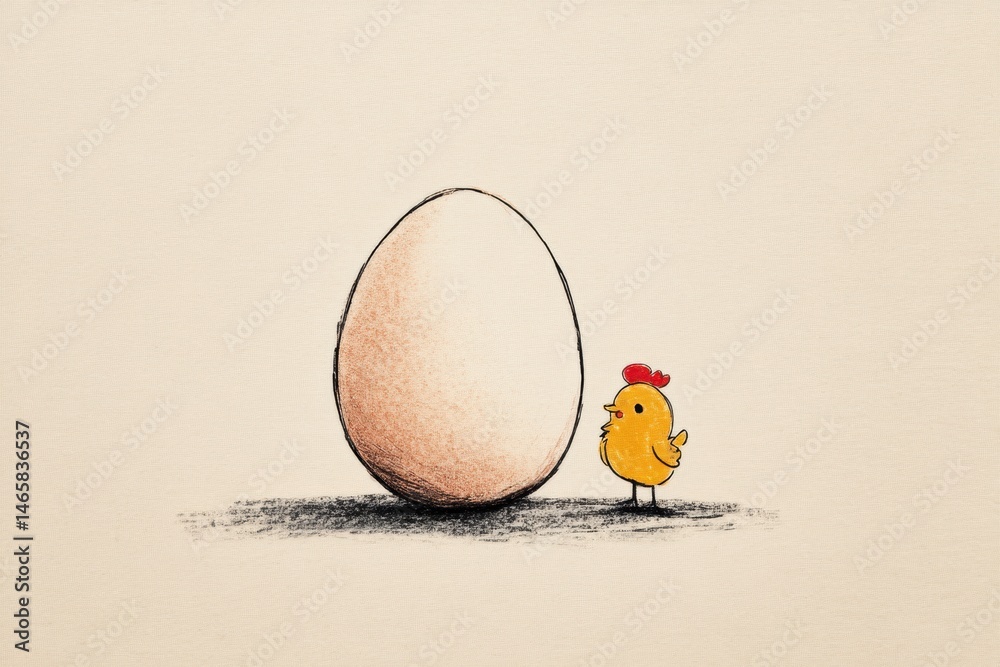 Poster whimsical sketch of a small chicken standing near a large egg on a light pastel background generativ