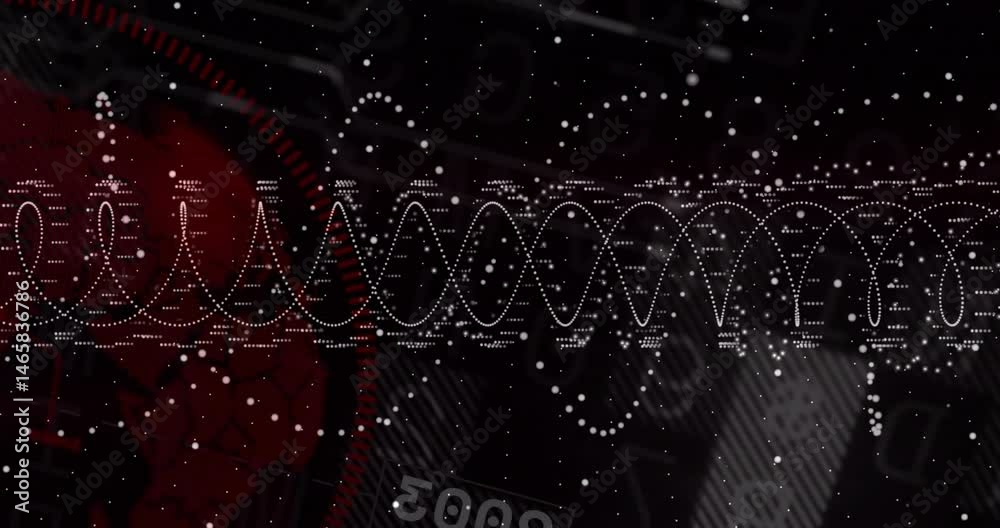 Poster white dotted sine-wave pattern being animated in interface with particles, red arcs and digits