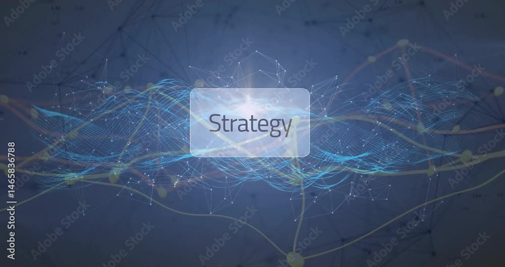 Aufkleber translucent rounded rectangle displaying strategy floating above data streams and network nodes