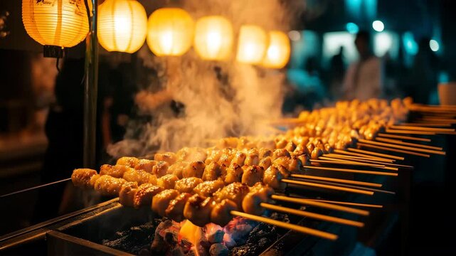 日本の屋台で焼かれる香ばしい焼き鳥